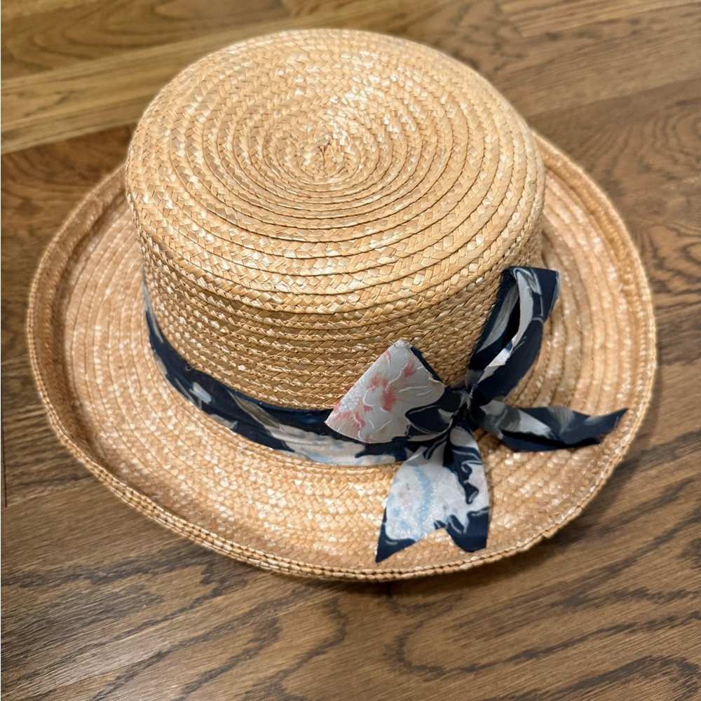 Straw Sun Hat with Navy Floral Scarf Band